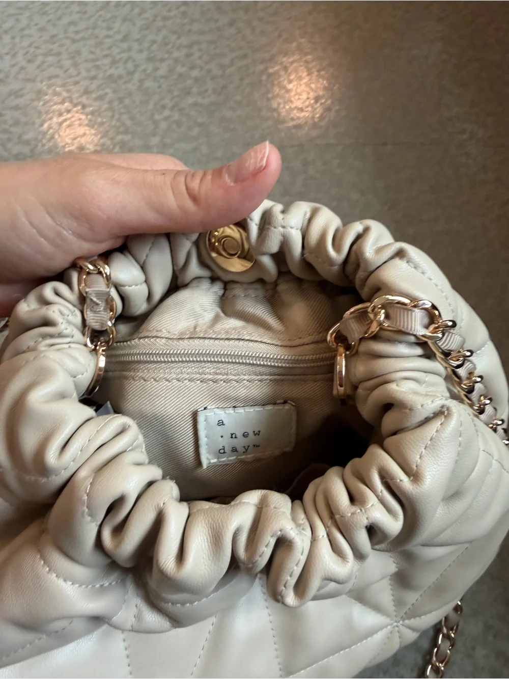a new day Cream Quilted Drawstring Shoulder Bag with Chain Strap